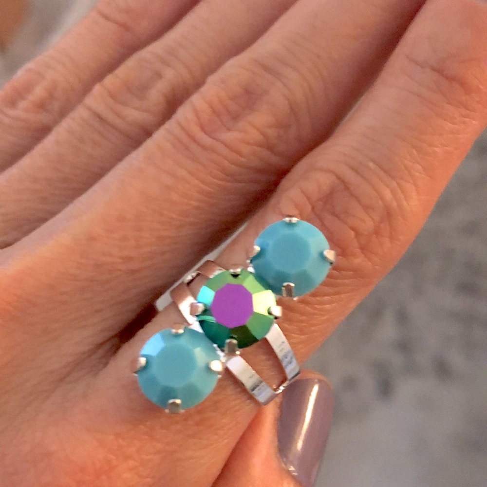 Turquoise + Peacock Teal Silver Crystal Statement Ring - Picture 3 of 10